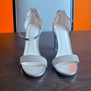 David's Bridal crystal-strap metallic block heel sandals 10